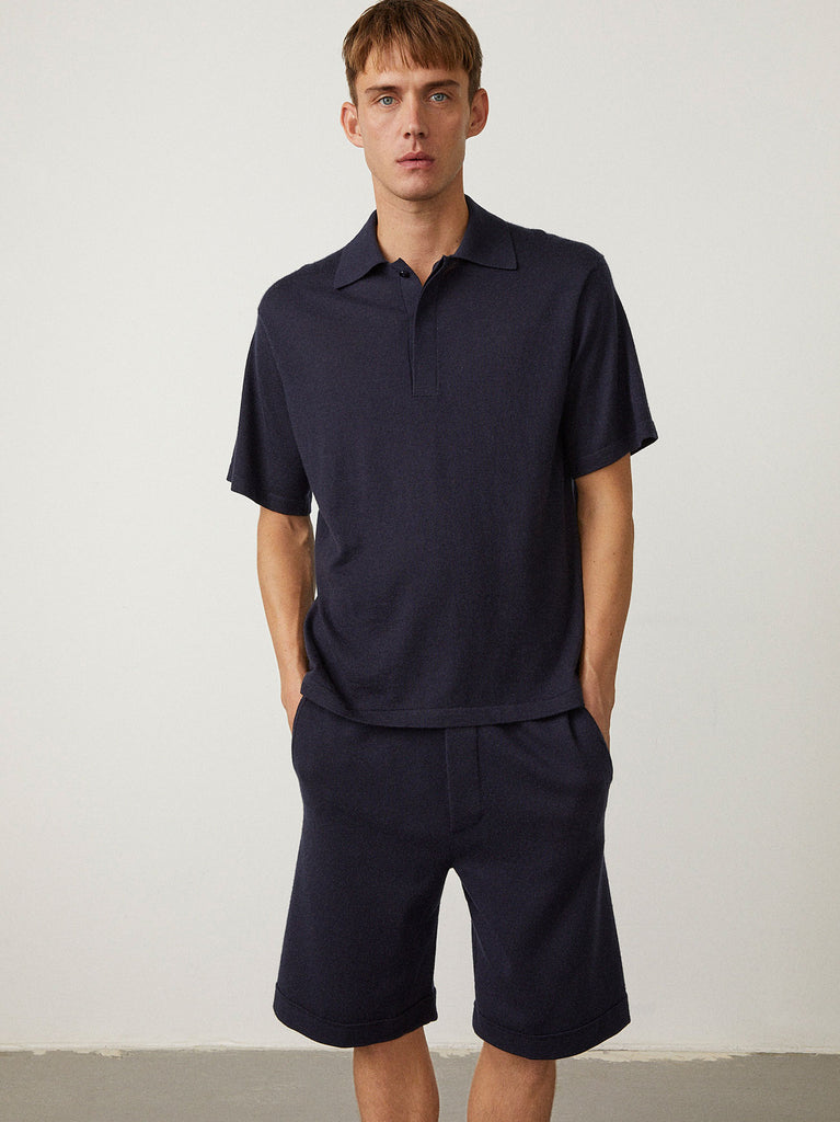 Charles Tee Navy | Lisa Yang | Blå mörkblå kortärmad tröja T-shirt med krage i 100% kashmir