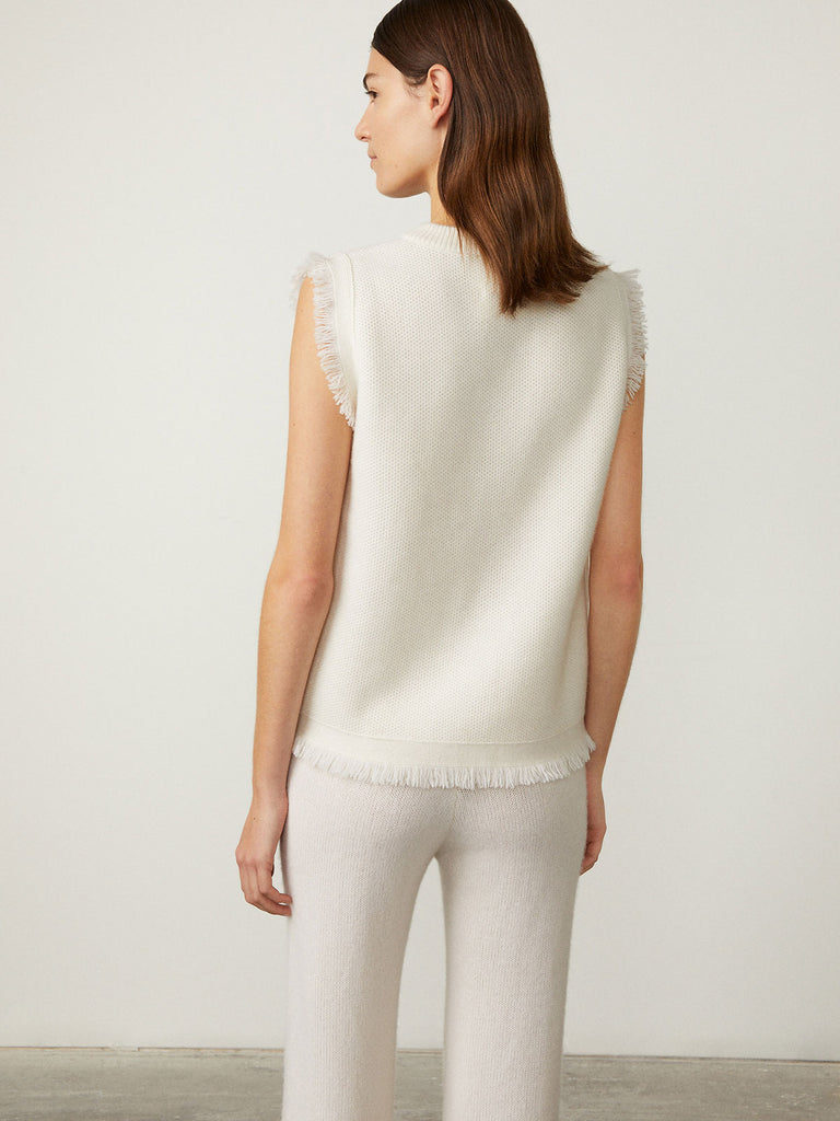 Mathilde Vest Cream | Lisa Yang | White vest top with fringes in 100% cashmere